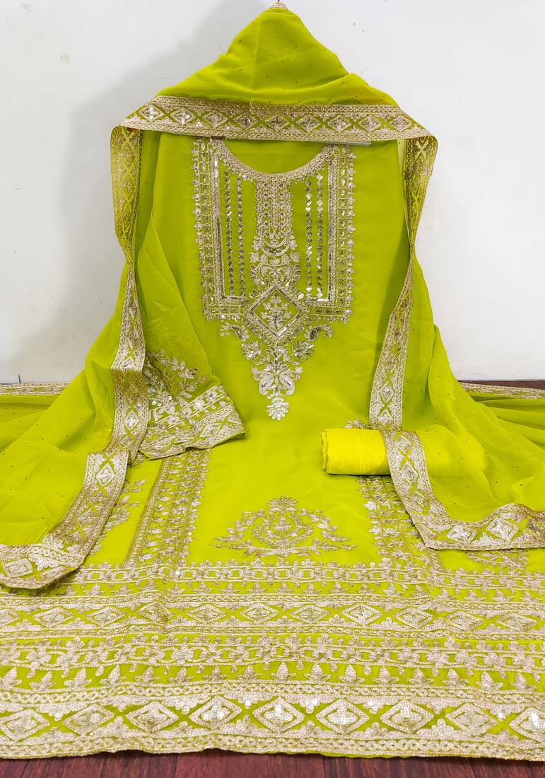 LUXURY EMPORIUM | unstitched suit material Green Parrot | HEAVY WORK ALL OVER