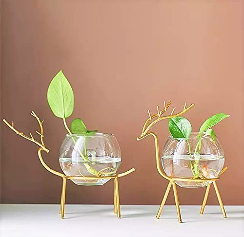 Glass Planter Holder Deer |Glass Pot| Glass Flower Pot| Glass Flower Round Vase Handmade for Decorate House,Set of 2(Colour-Gold)