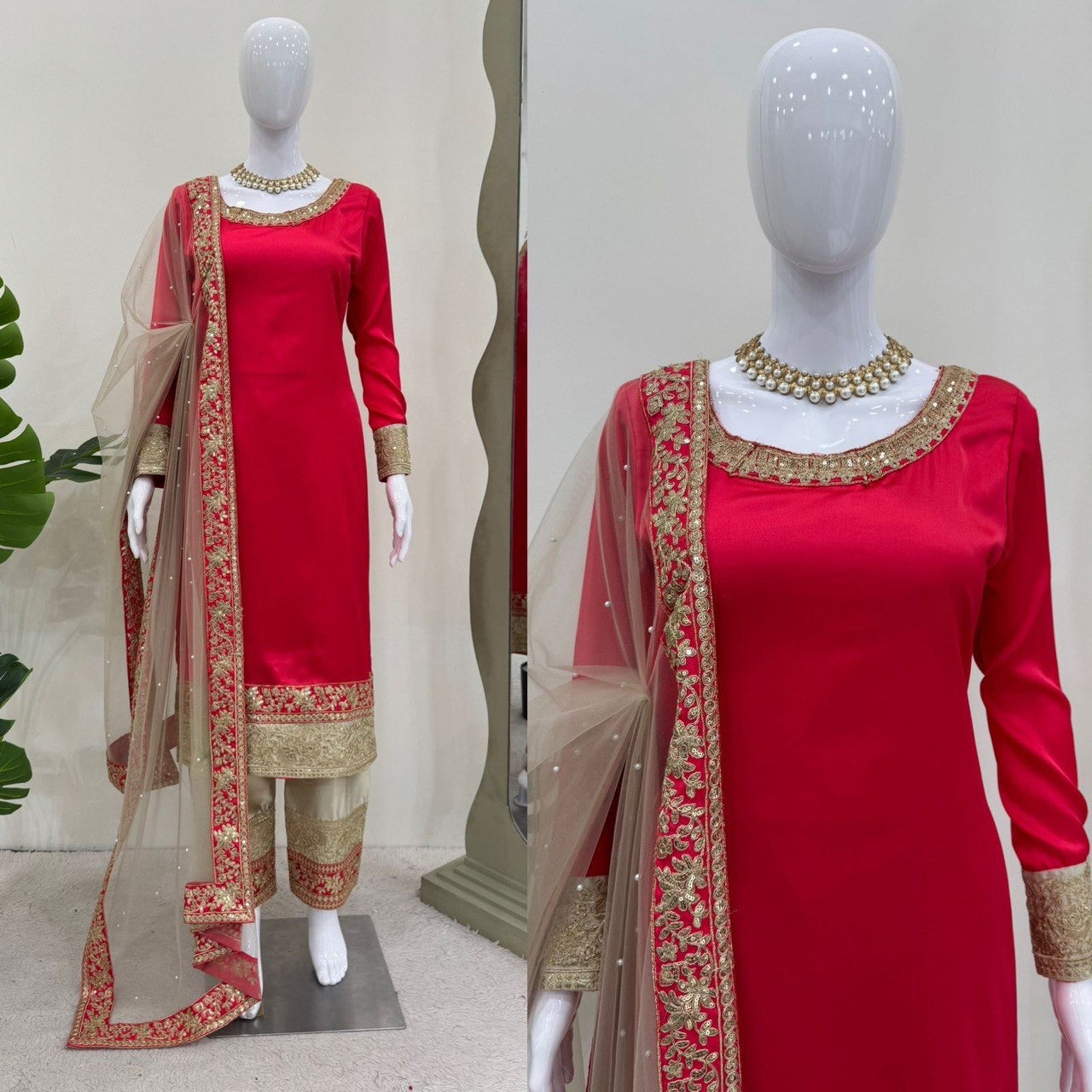 Luxury Emporium | RED Cream Partywear Suit with Gotta patti