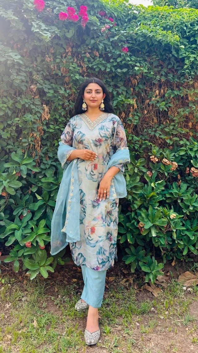 Sea Green Printed Organza Unstitched Salwar Suit| LUXURY EMPRORIUM | PARTYWEAR FITS|