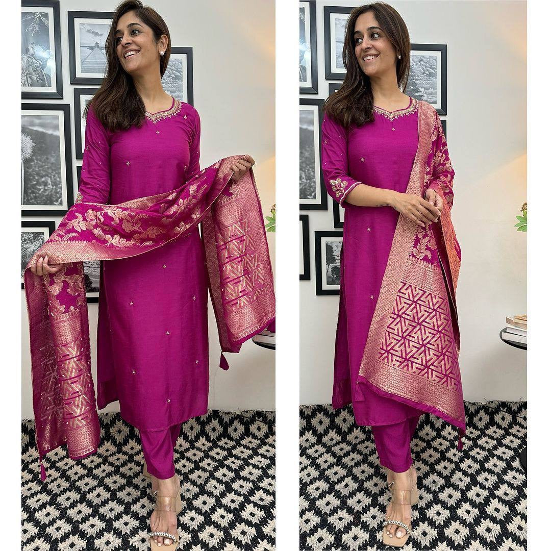 Rani Rang Suit dupatta set | Luxury Emporium | thread work embroidered