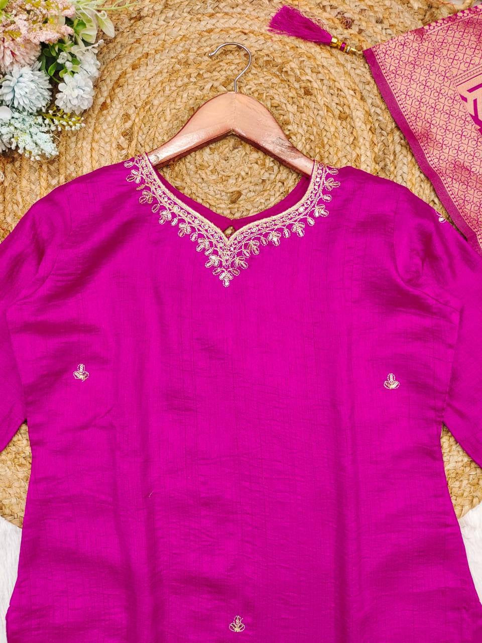 Rani Rang Suit dupatta set | Luxury Emporium | thread work embroidered