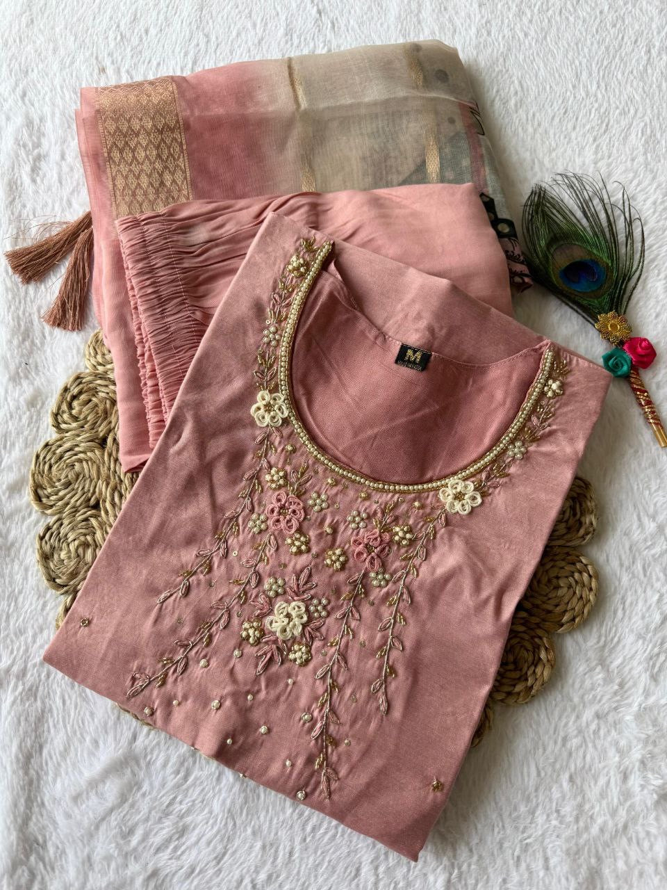 Peach Roman Silk Kurti set| Luxury Emporium |