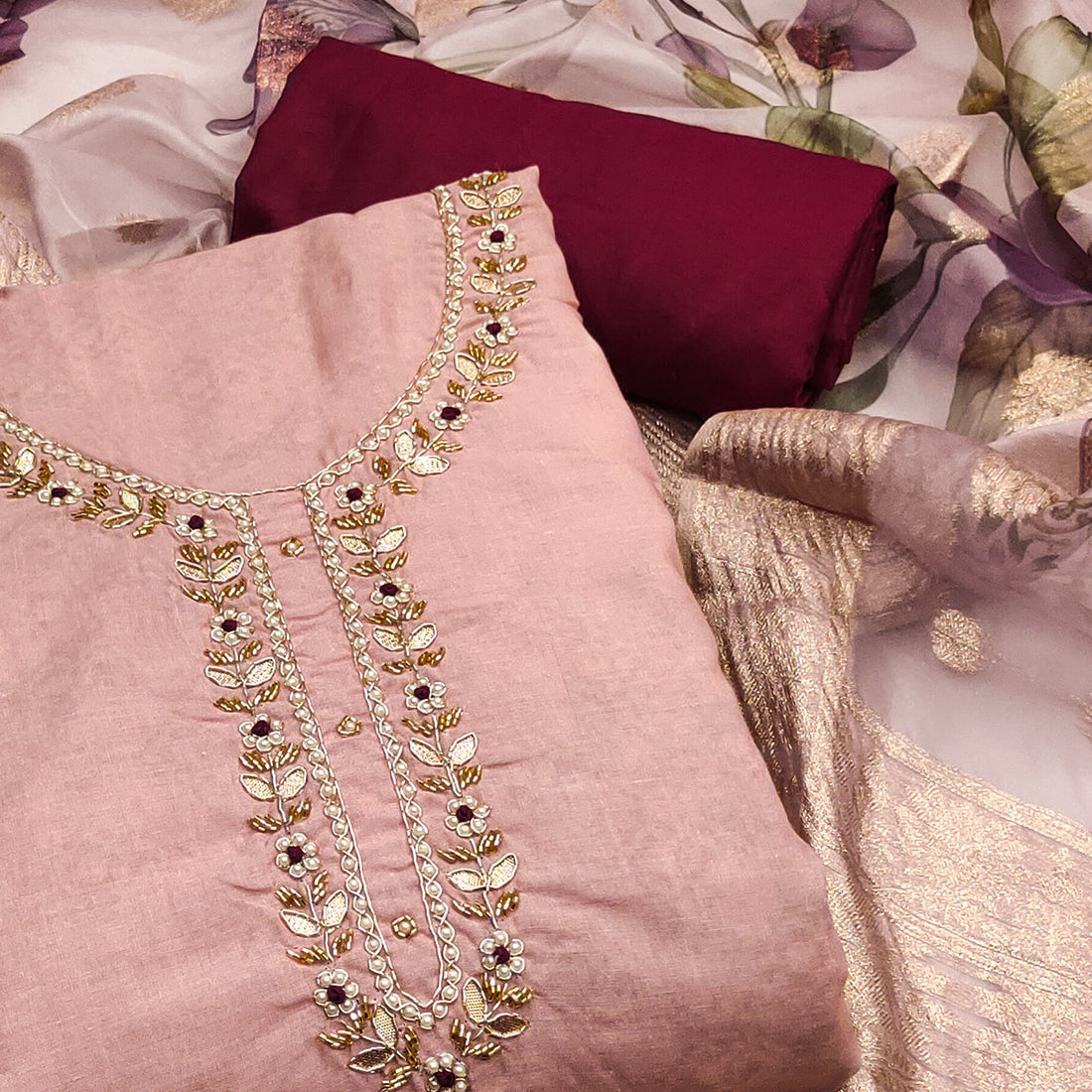 Peach Floral Digital Printed SUIT PIECE | Handwork Pure Cotton Dress Material|LUXURY EMPORIUM