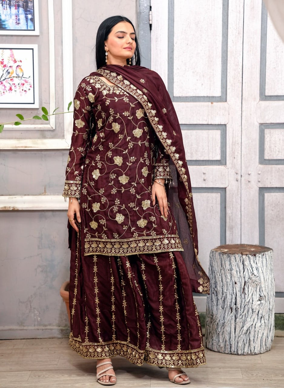 New Designer Embroidered Chinon Sharara Suit With Sequence Embroidered Work
| luxury emporium |