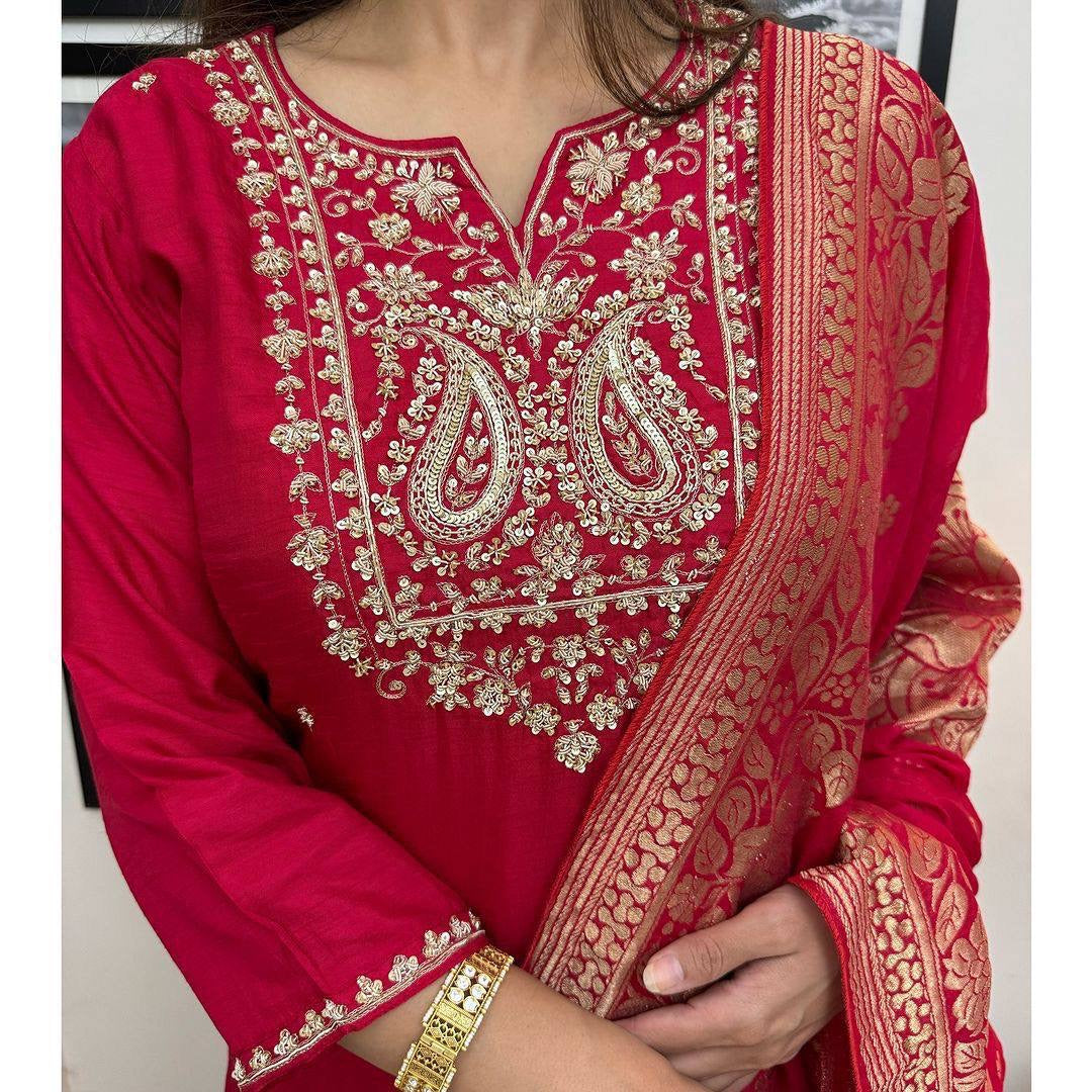 Red Roman Silk Suit | HEAVY FULLY STITCHED 3 pic SUIT SET| Luxury Emporium