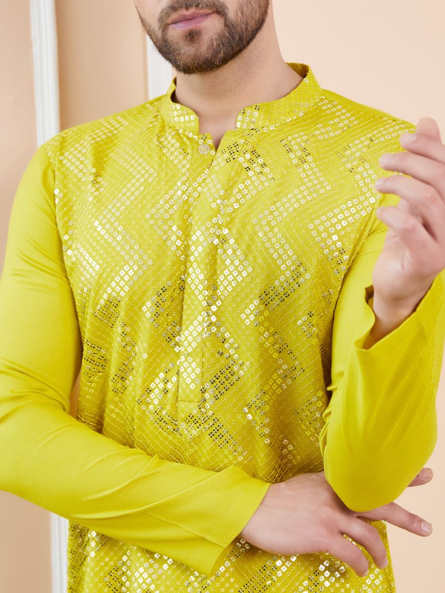 Luxury Emporium Men Lime Green Sequins Woven Designs Kurta