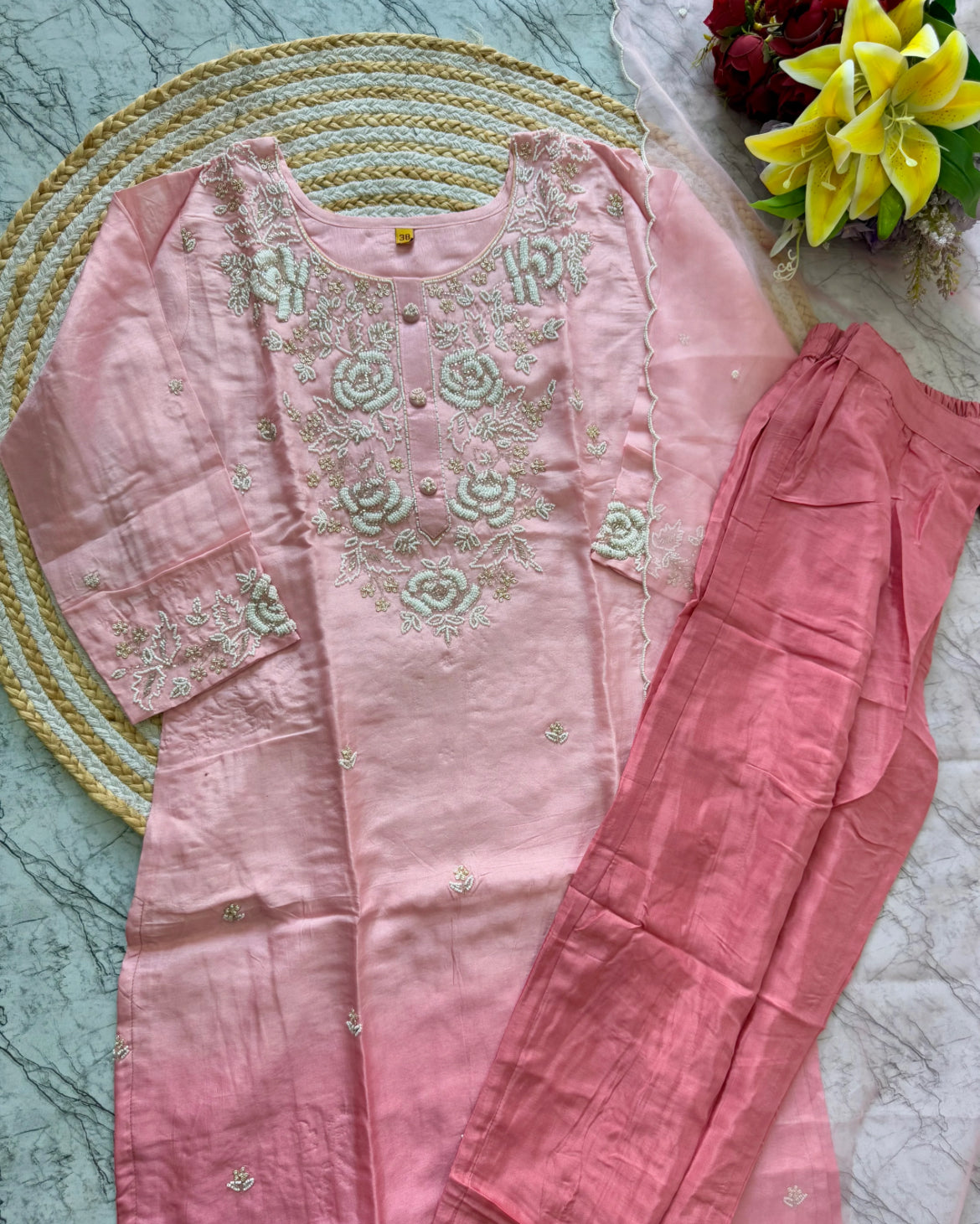 RANGROON-Pearlwork tissue Silk suit | LUXURY EMPORIUM