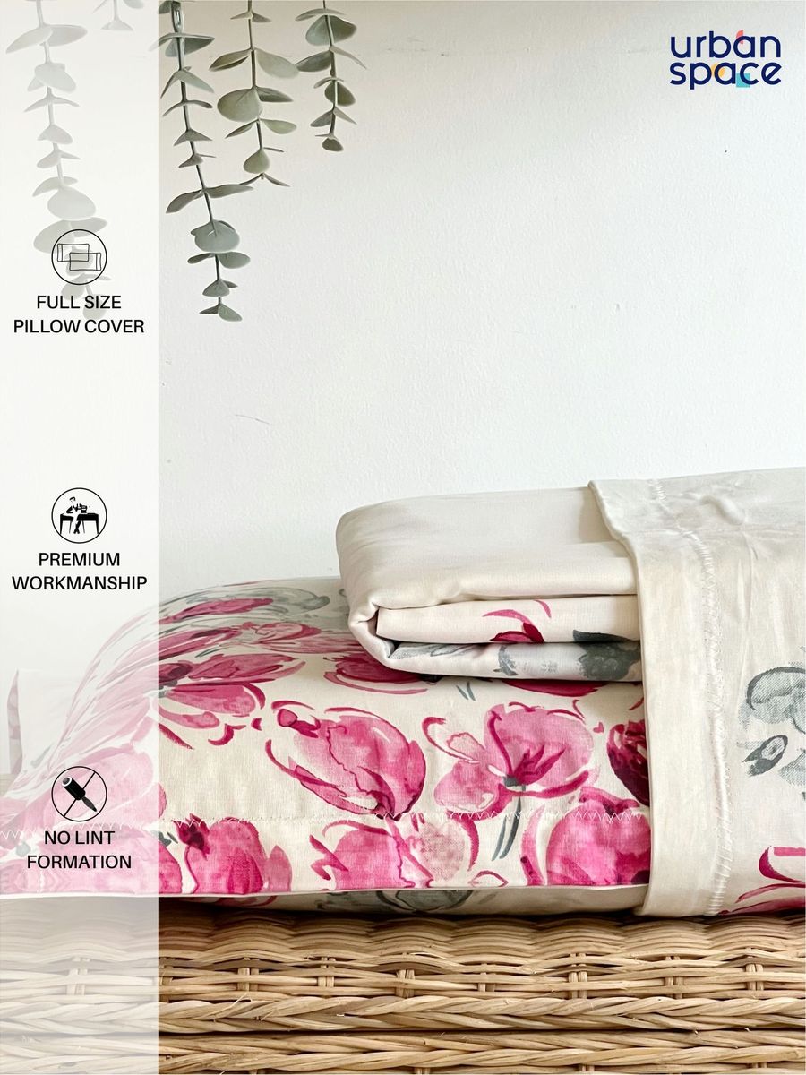 Urban space Cotton Fitted Bedsheet Double Bed with 2 Pillow Covers(Majestic Pink)