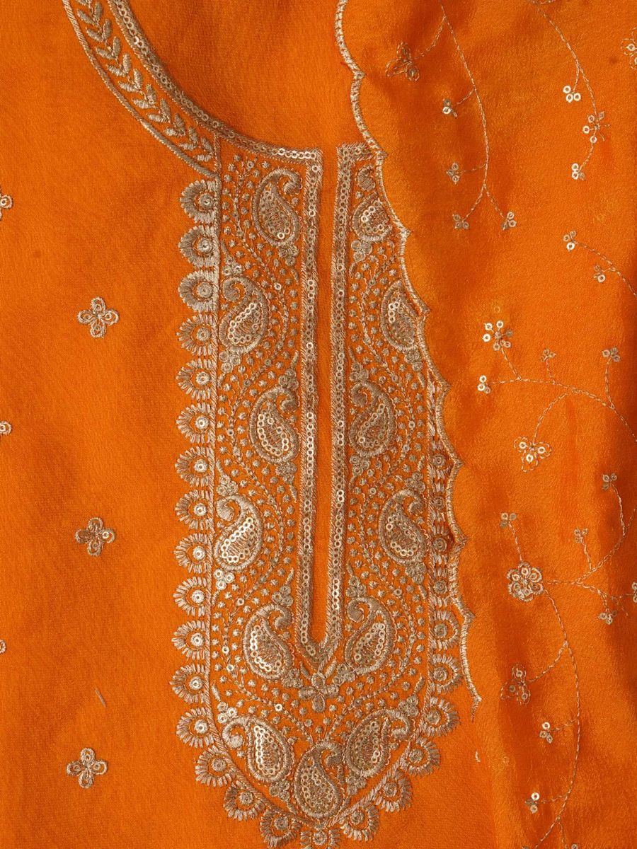 Orange Unstitched Embroidered Cotton Blend Dress Material with Dupatta | LUXURY EMPORIUM |