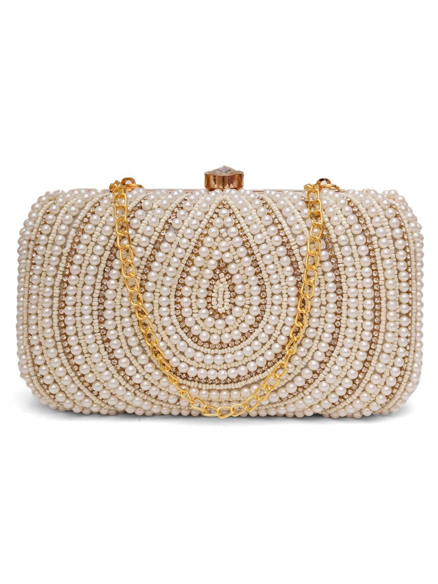 LUXURY EMPORIUM | Women's White Hand Embroidered Box Clutch Bag | BAG PARTY LOOK