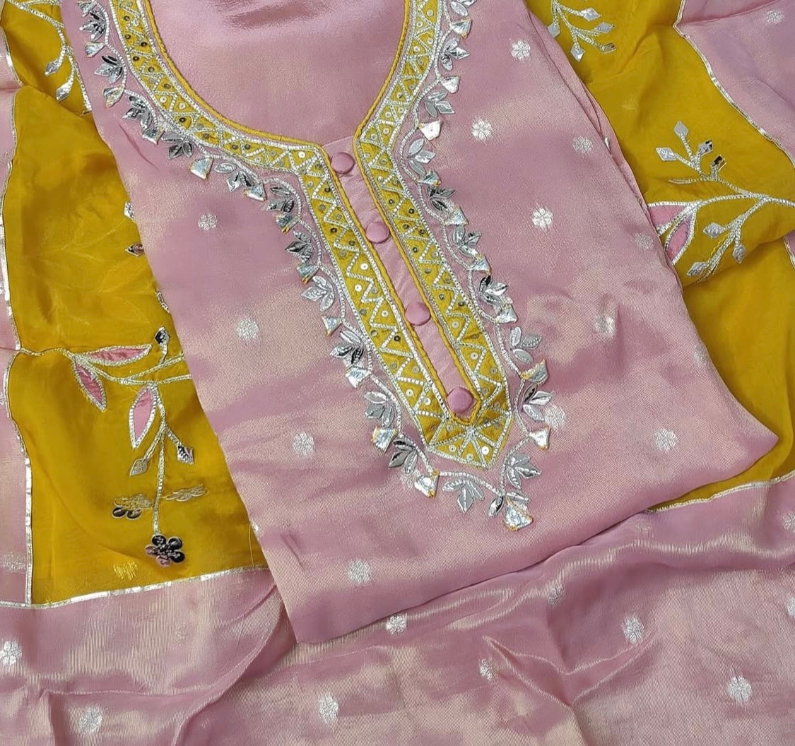 Peshwari | shimmer silk paired with hand gota & leather work highlighted with sequence | LUXURY EMPORIUM/