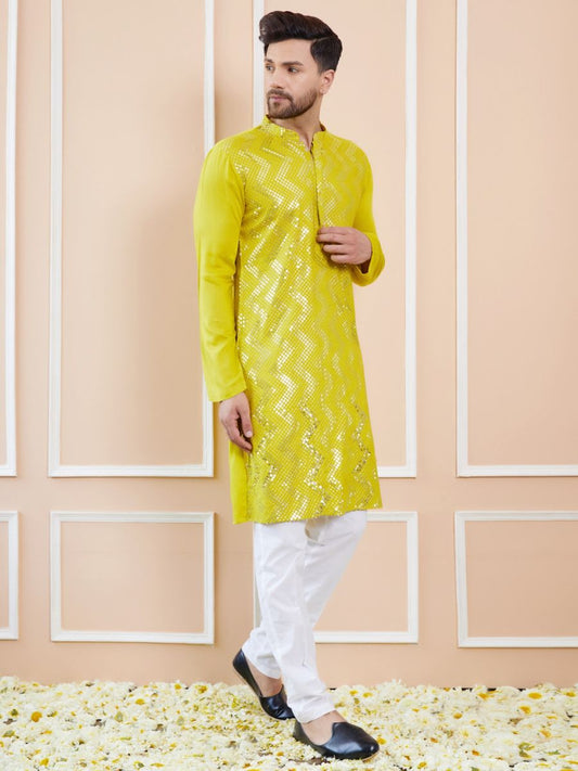 Luxury Emporium Men Lime Green Sequins Woven Designs Kurta