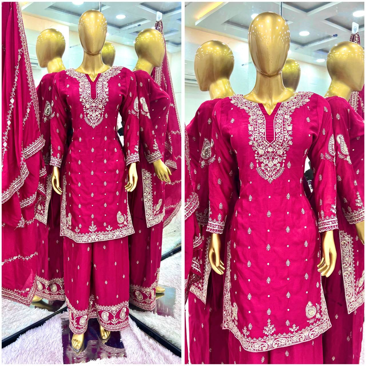 LUXURY EMPORIUM | Pure Chinnon With Embroidery Sequence Work Top-Bottom And Dupatta Set Fully Stitched Ready To Wear