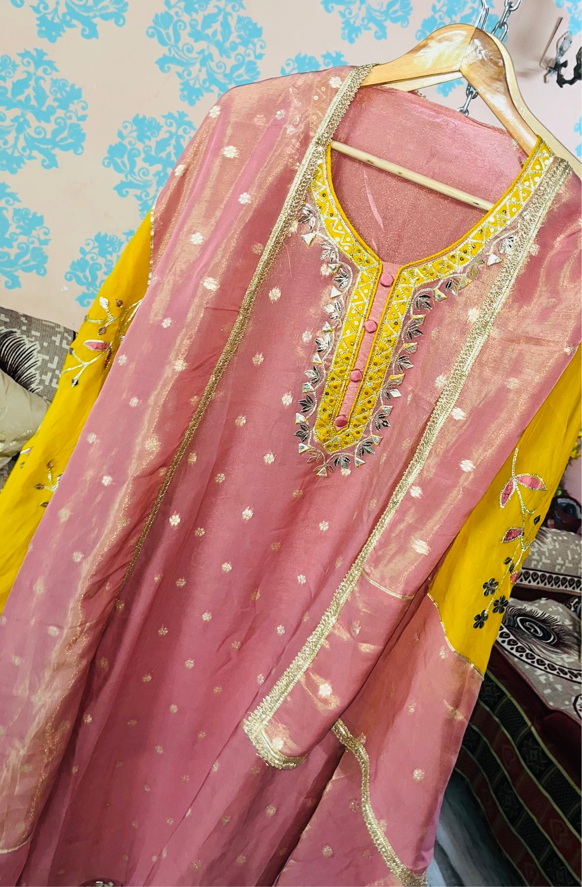 Peshwari | shimmer silk paired with hand gota & leather work highlighted with sequence | LUXURY EMPORIUM/