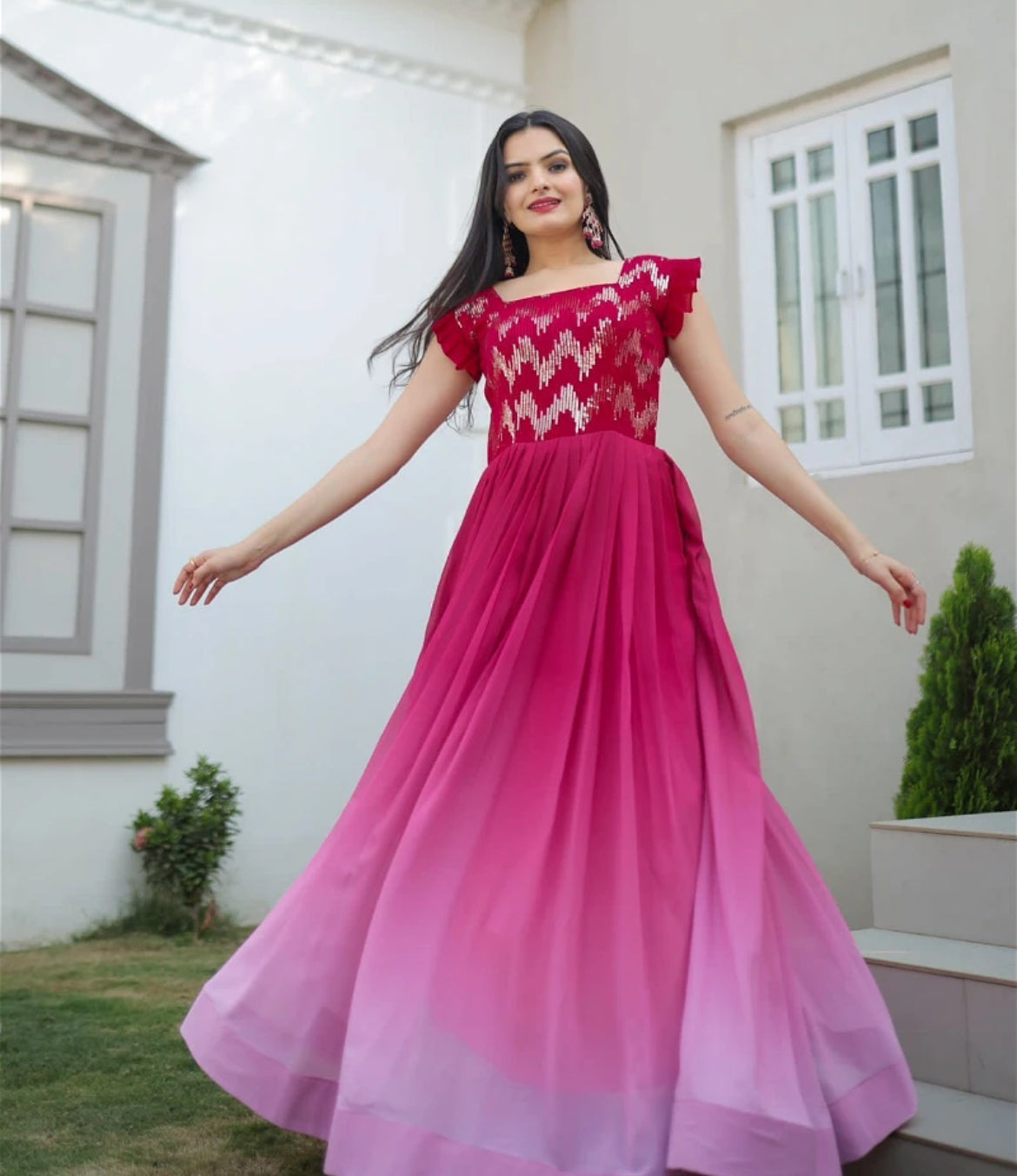 Womens Pink Color Embroidery And Zari Sequins work Gown