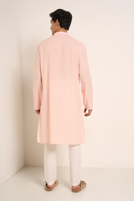 Pink Textured Below Knee Length Casual Men Regular Fit Kurta | LUXURY EMPORIUM | BRAND INDUS route