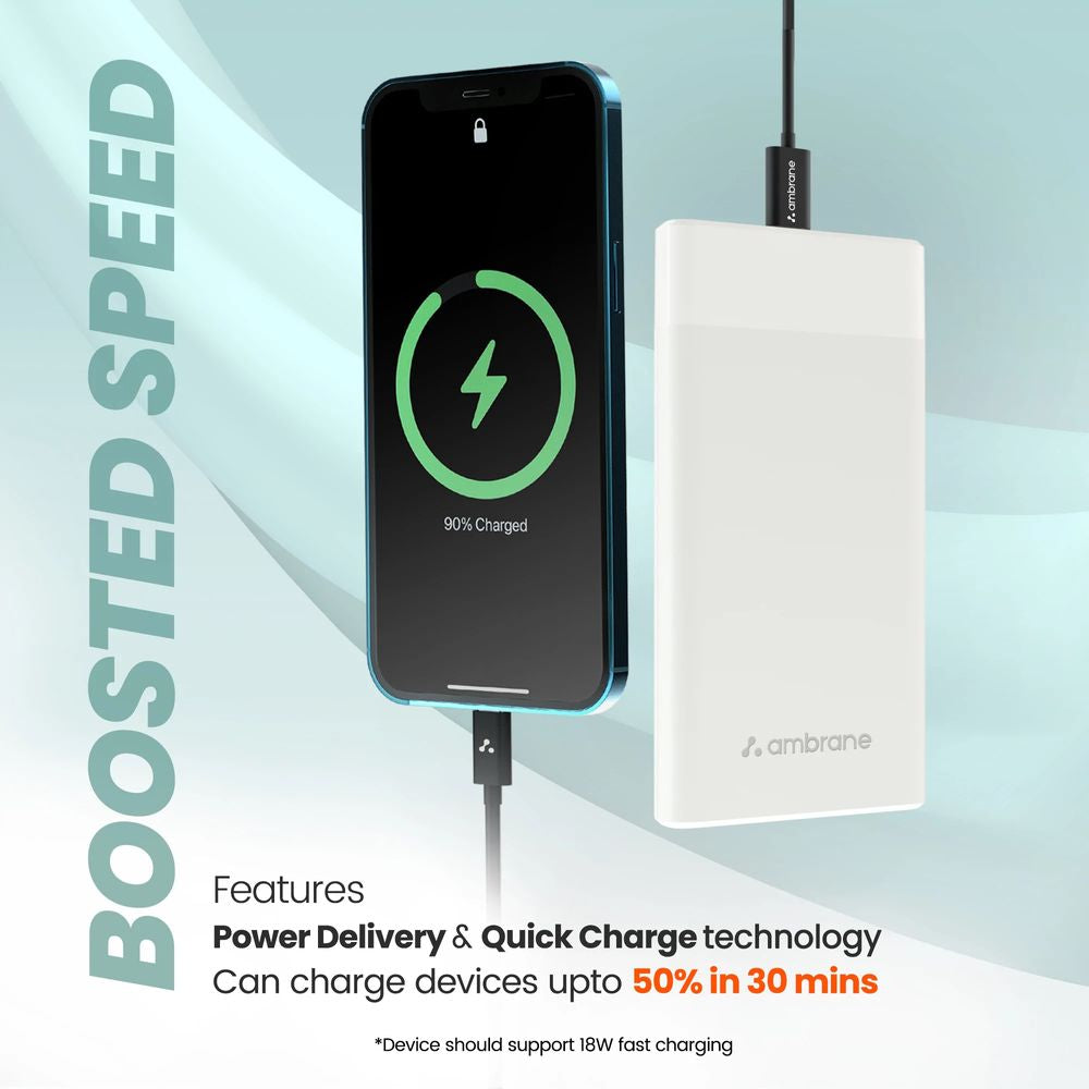 Ambrane Stylo 10000 mAh 20W Fast Charging Power Bank (1 Type A and 1 Type C Ports, Quick Charge 3.0, White)