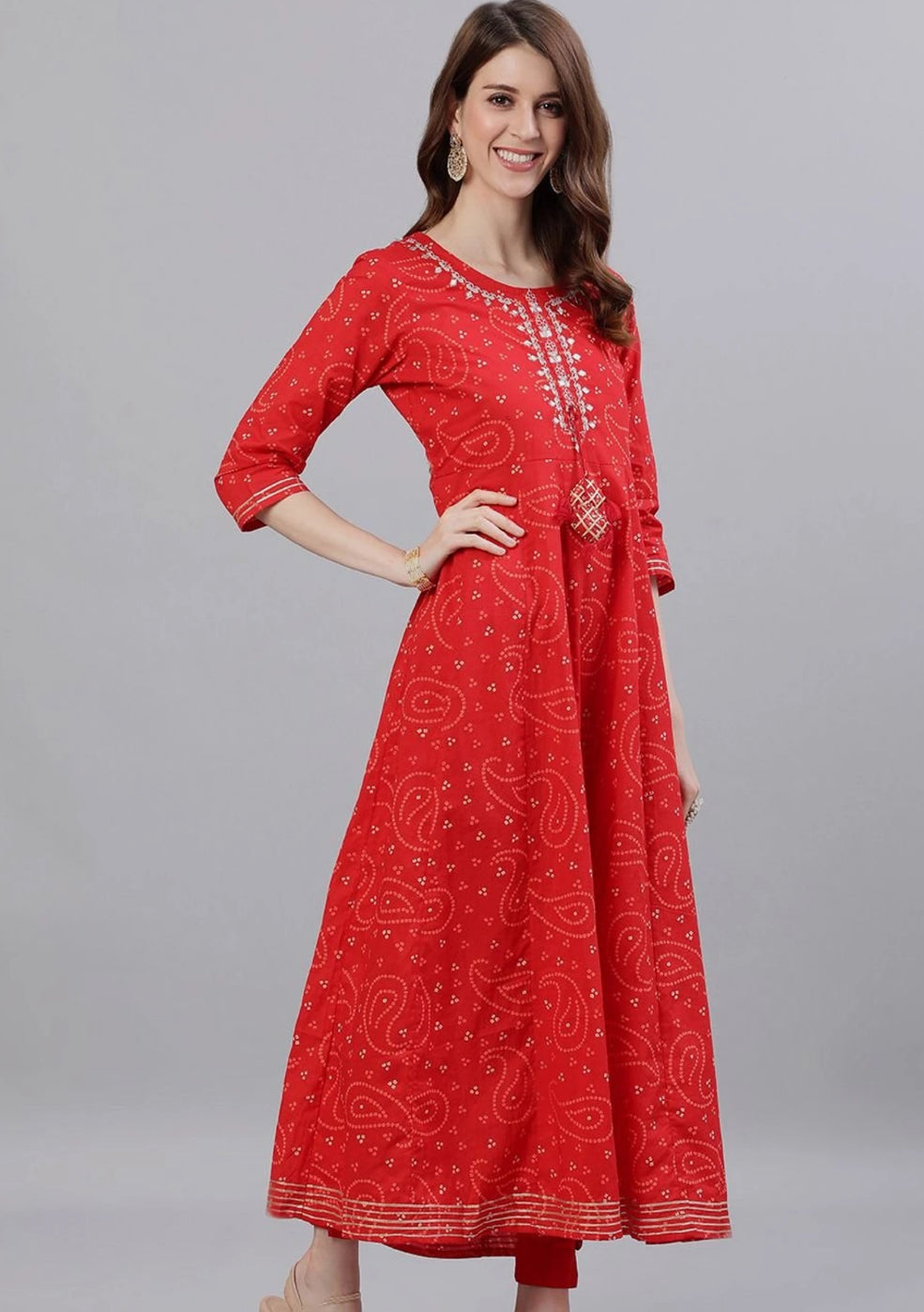 Red Cotton Embroidered Flared Kurta With Dupatta