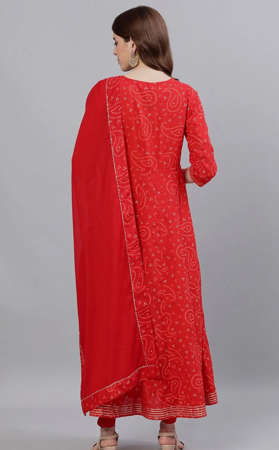 Red Cotton Embroidered Flared Kurta With Dupatta