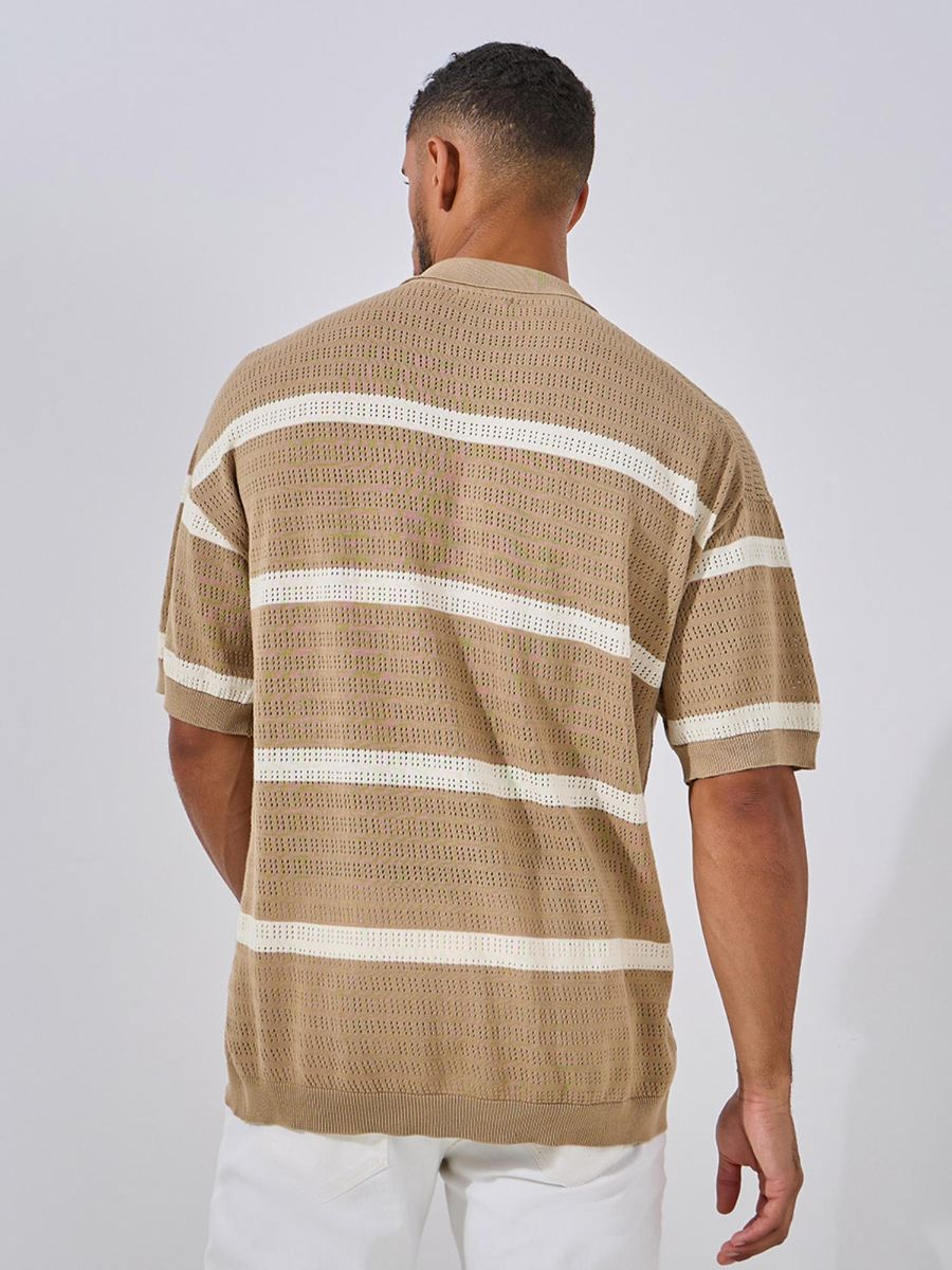 Beige Premium Cotton Striped Knit Oversized Shir