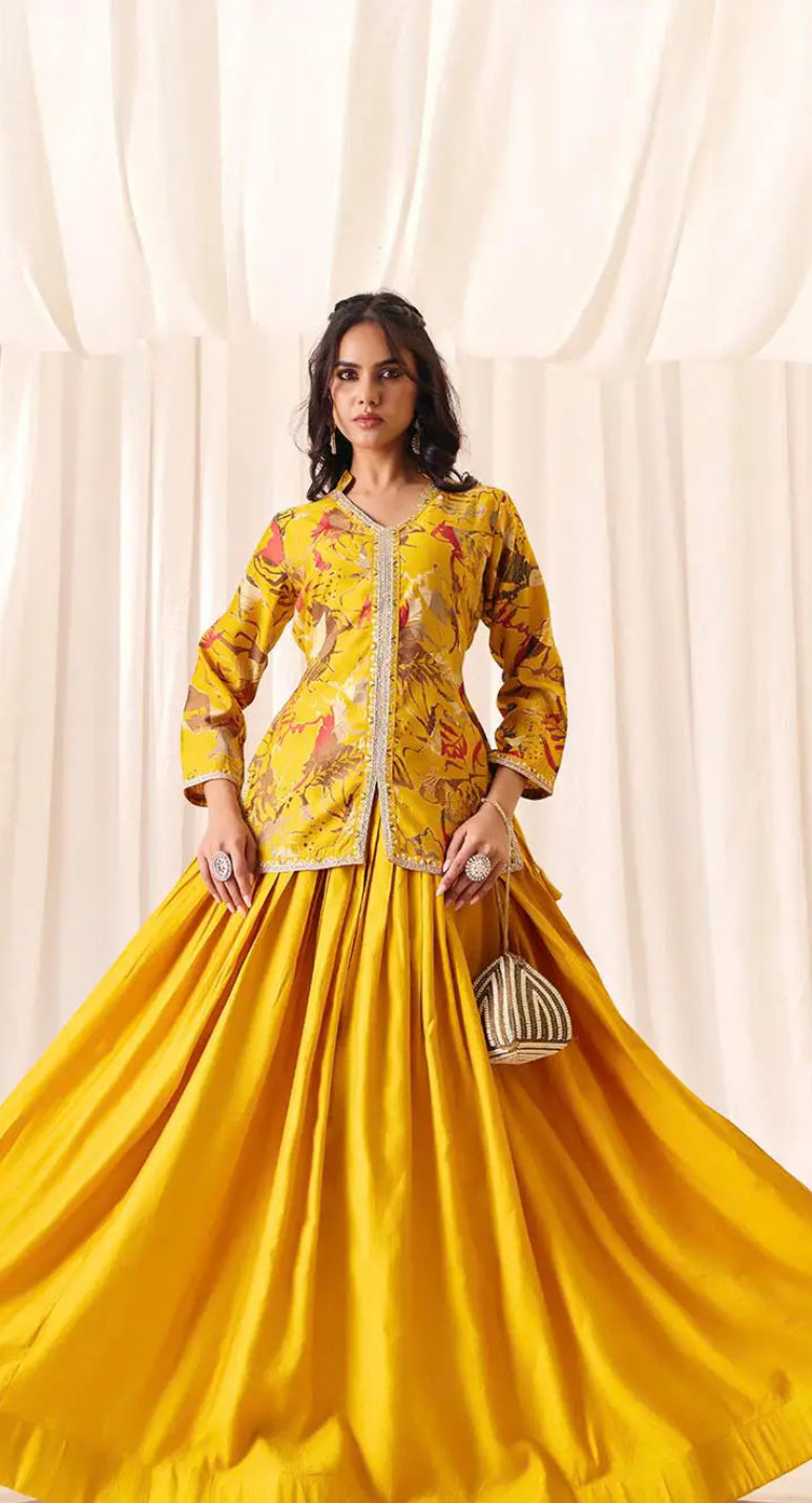 RASAM | Yellow and red embroidered lehenga choli, sequinned | LUXURY EMPORIUM