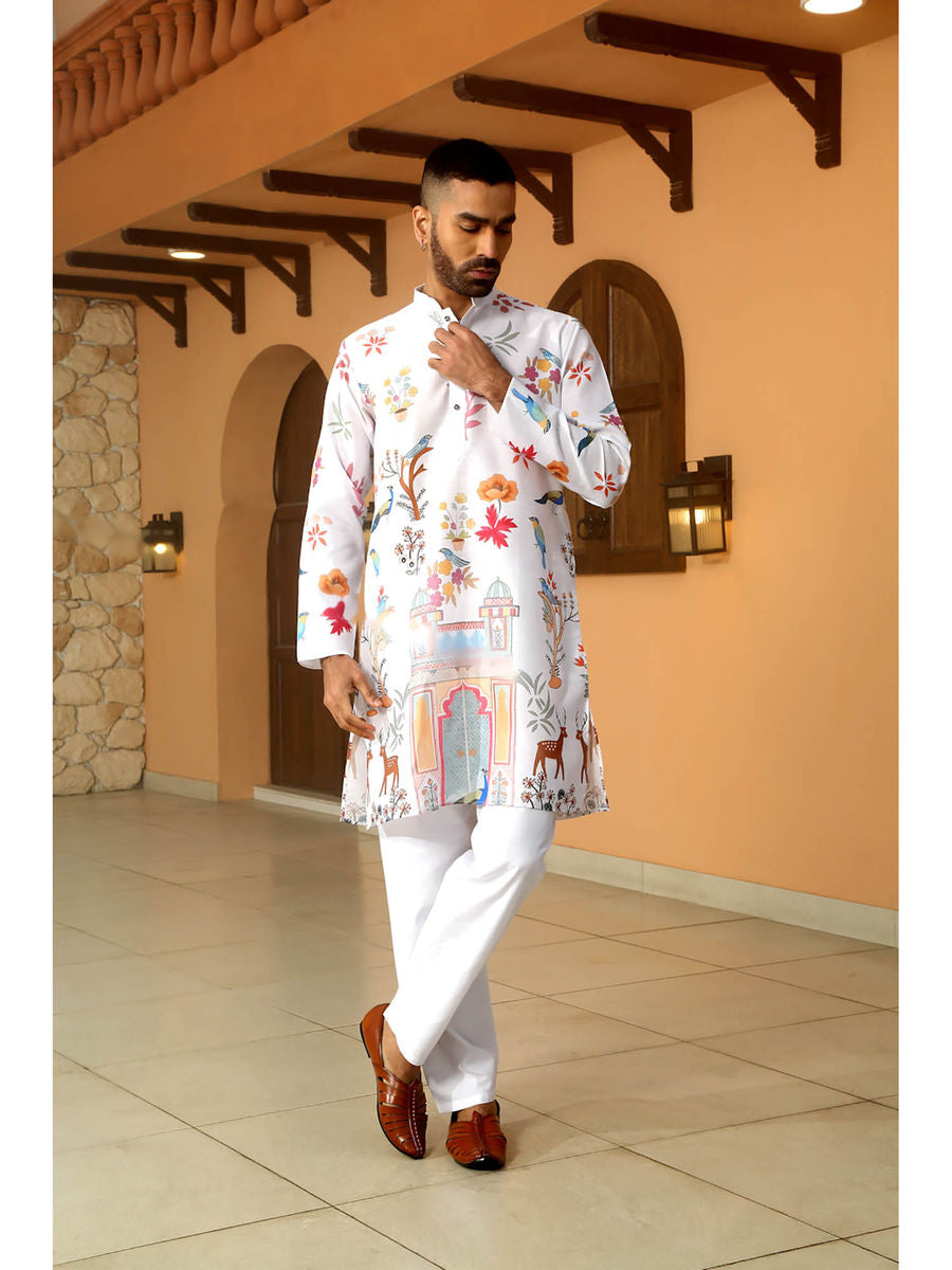 Floral Printed White Mandarin Collor Cotton Summer Kurta|LUXURY EMPORIUM | KURTA MEN |