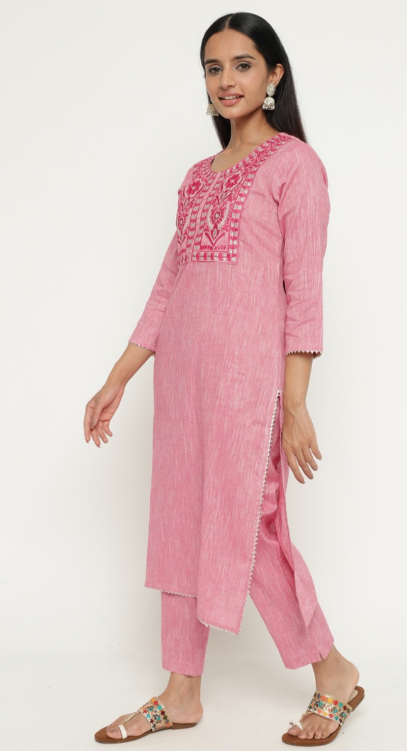 Khadi Embroidered Kurta Pant Set With Dupatta