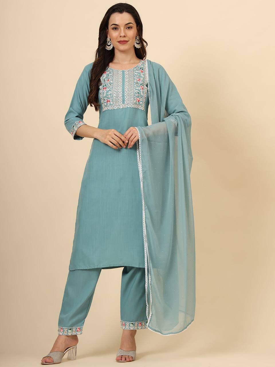 Cotton Suit Set with Chiffon dupatta