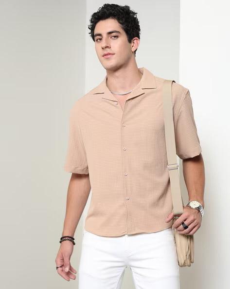 Mens Cuban Collar Short Sleeves Back Graphic Shirt| Shein Spread Collar Short Sleeves Graphic Print Shirt | BRAND SHEIN\_ LUXURY EMPORIUM