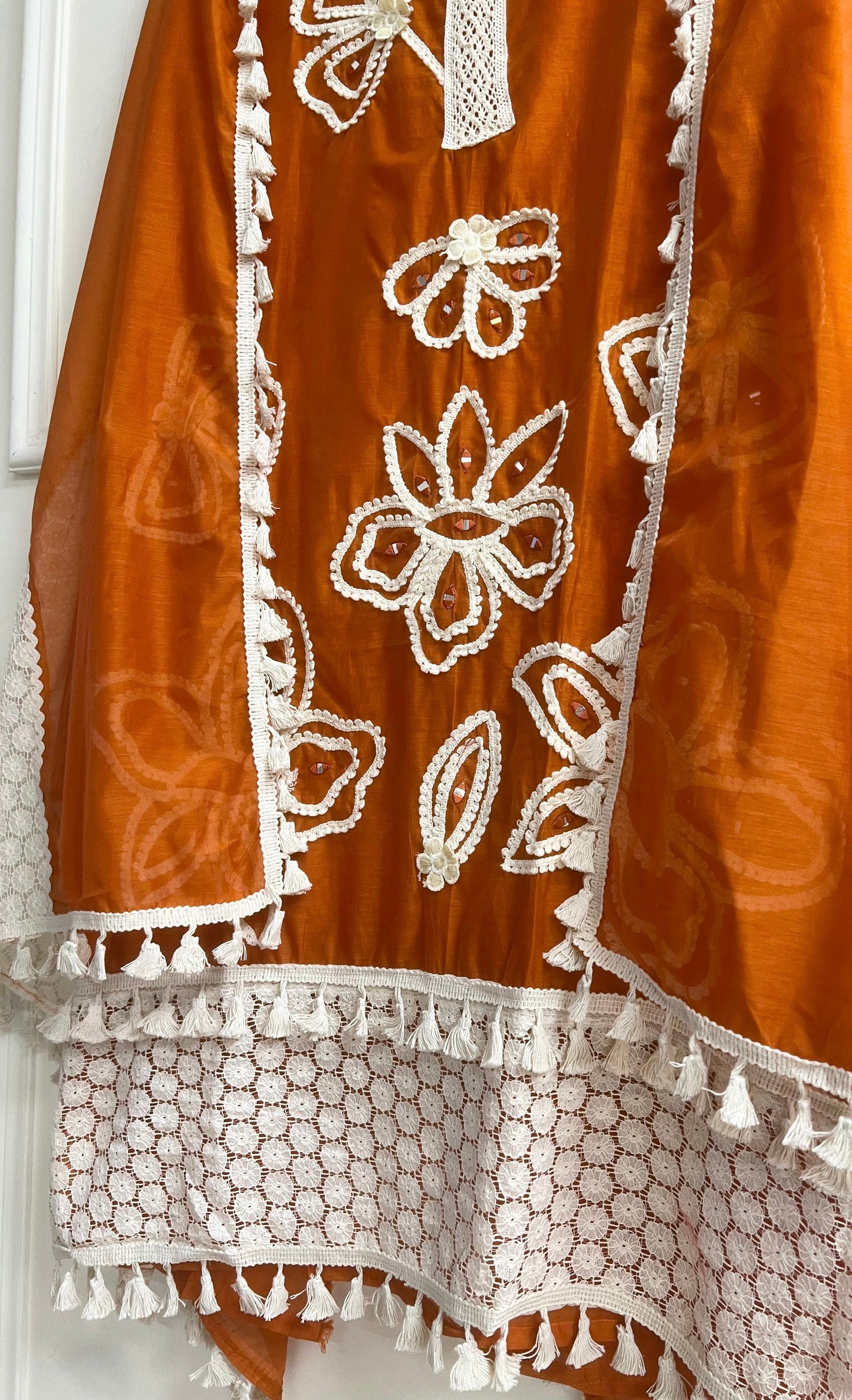 BROWN MUL CHANDERI UNSTITCHED HAND EMBROIDERED | LUXURY EMPORIUM