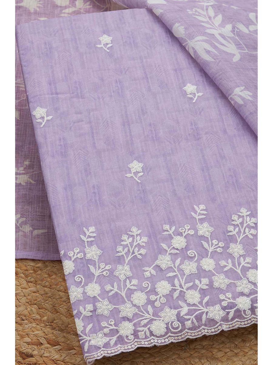 Women Lavender Linen Embellished Unstitched Kurta and Bottom with Dupatta (Set of 3)| LUXURY EMPORIUM ||RESELL