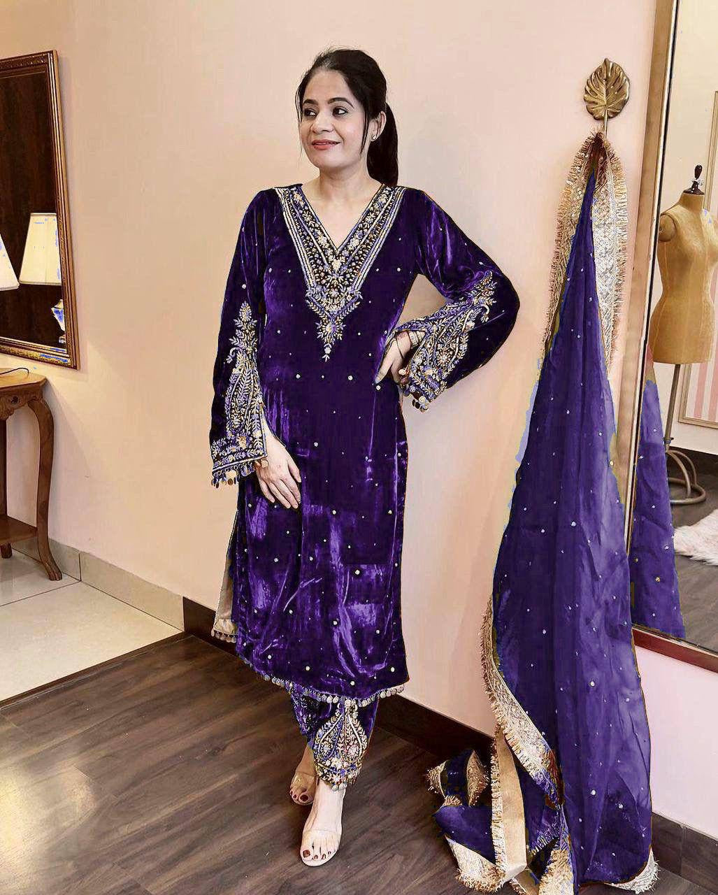 Heavy Kurta Plazzo Wedding Edition | Velvet Work Suit | Luxury Emporium
