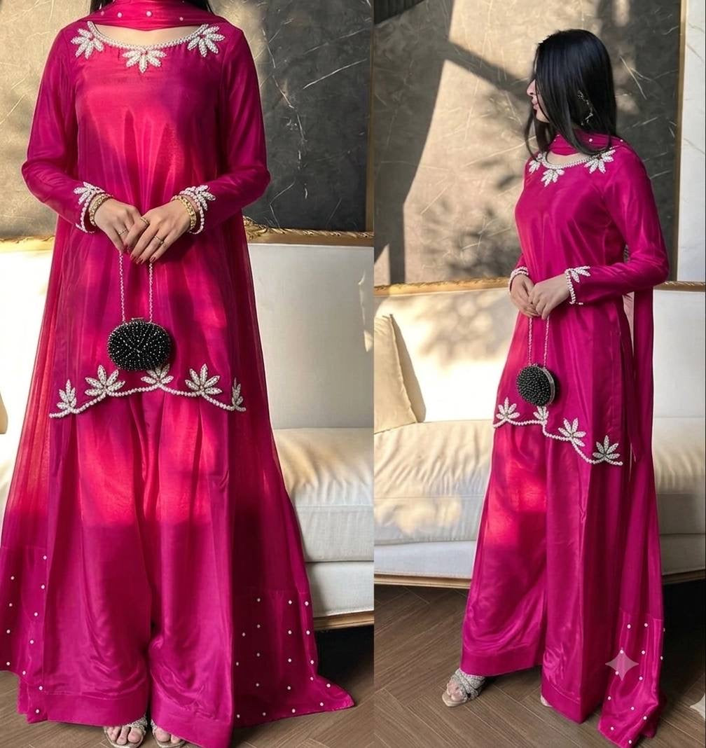 ✨ The Regal Pearl Affair ✨
Designer Embroidered Top, Farsi Salwar & Dupatta Set| LUXURY EMPORIM|