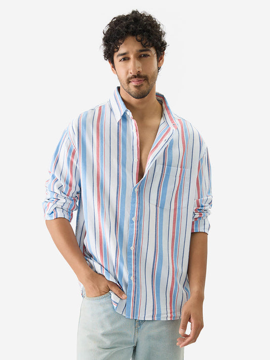 Stripes: Blue, Red Men Relaxed Shirt| LUXURY EMPORIUM | MENS WEAR | CASUAL FITS