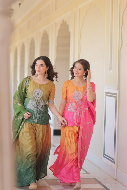 Maharani | Chinnon Print Rich Beads Embroidered work| Luxuryemporium