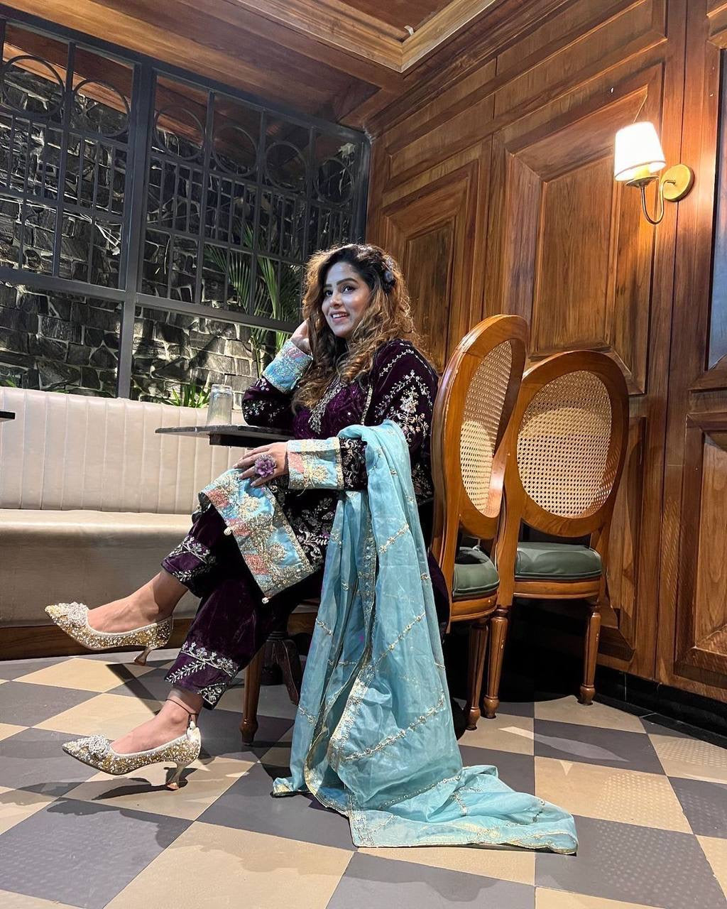 WINTER  DESIGNER STYLE VELVET SEQUENCE EMBROIDERY WORK SUIT WITH DUPATTA ~ | Luxury Emporium