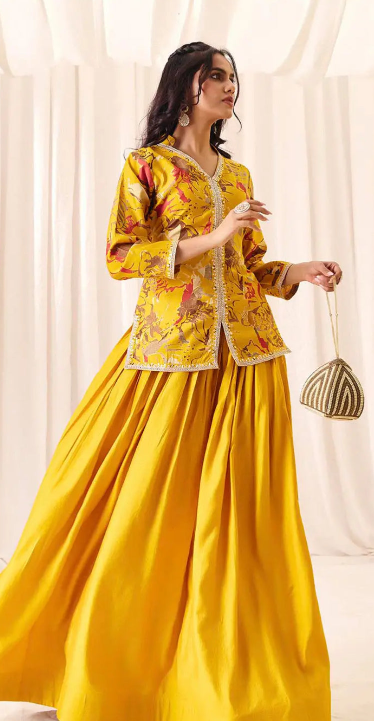 RASAM | Yellow and red embroidered lehenga choli, sequinned | LUXURY EMPORIUM