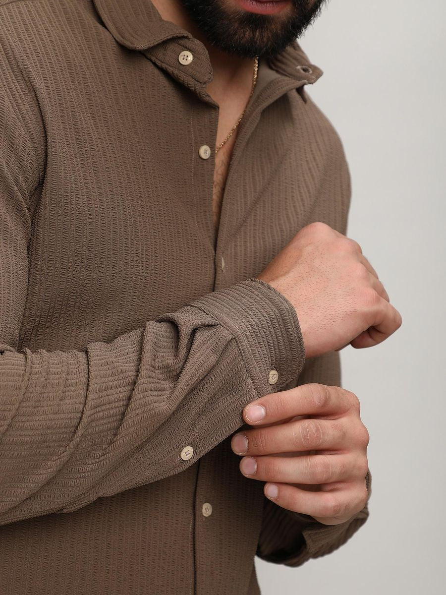 Mens Brown Stripe Creased Shirt | LUXURY EMPORIUM | CASUAL LOOK