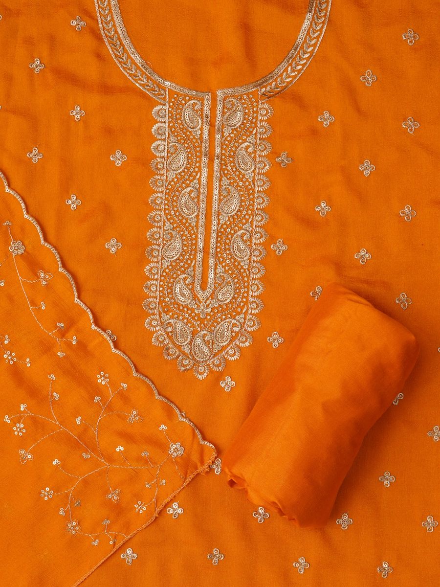 Orange Unstitched Embroidered Cotton Blend Dress Material with Dupatta | LUXURY EMPORIUM |