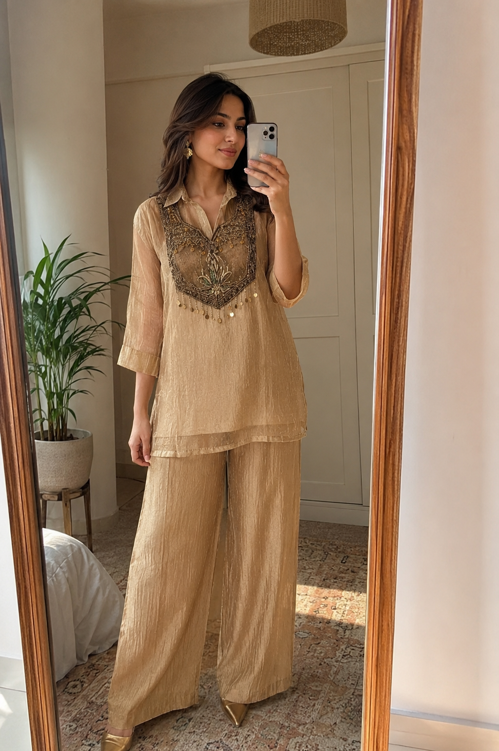 Golden Muse Embellished Shimmer Tissue Co-Ord Set| LUXURY EMPORIUM