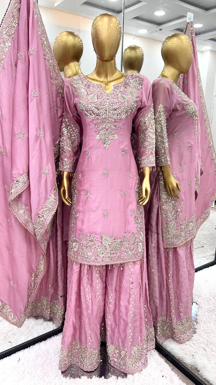 NOORANI |LUXURY EMPORIUM | New  Heavy Embroidery Sequence Work Top-Gharara And Dupatta Set Fully Stitched Ready To Wear Collection |