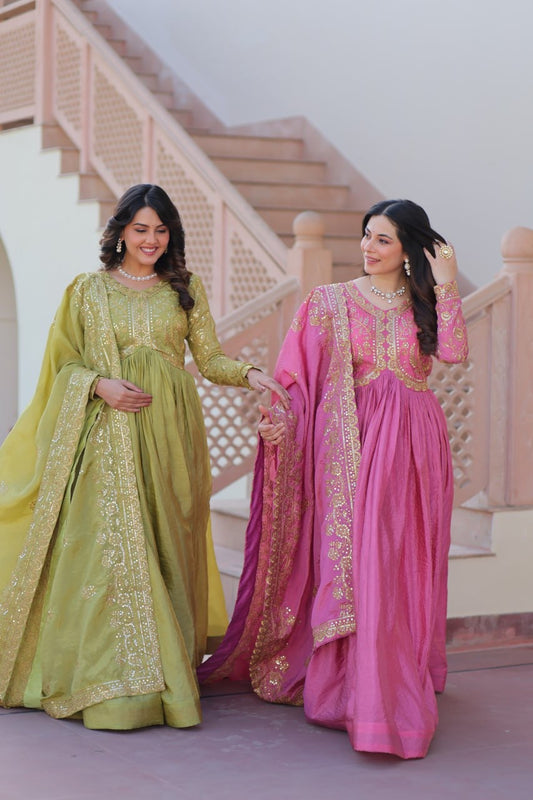 Rajmahal Gold-Crush Fabric with Sequins & Multi Embroidered work| LUXURYEMPORIUM | PARTYWEAR LONG DRESS