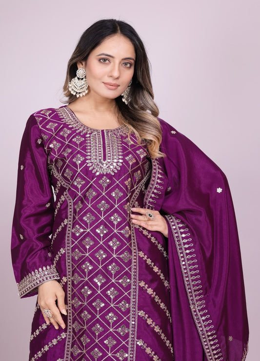 New Designer Embroidered Chinon Sharara Suit With Coding Sequence Embroidered Work\| LUXURY EMPORIUM | HEAVYWORK