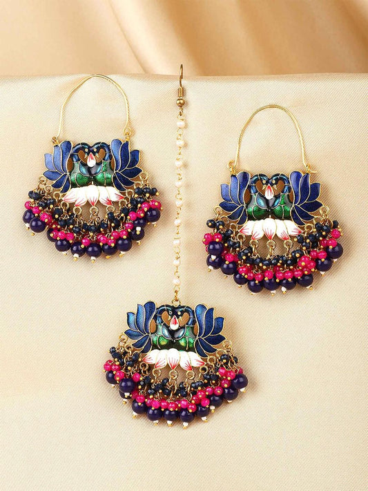 Gold Toned Beads Drop Peacock Designed Meenakari Earrings with Maang Tikka | LUXURYEMPORIUM | Women fashion