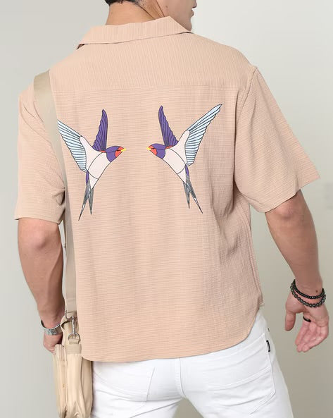 Mens Cuban Collar Short Sleeves Back Graphic Shirt| Shein Spread Collar Short Sleeves Graphic Print Shirt | BRAND SHEIN\_ LUXURY EMPORIUM