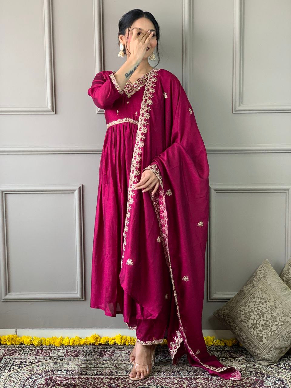 Vichitra Silk Suit full flair length | Luxury Emporium