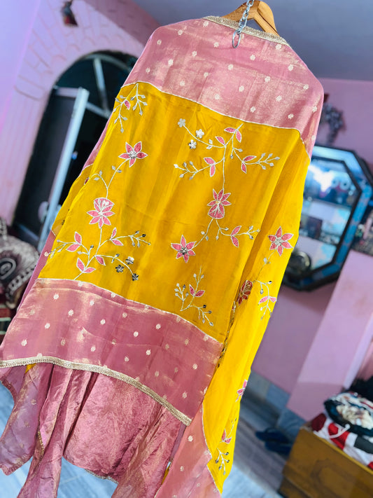 Peshwari |  shimmer silk paired with hand gota & leather work highlighted with sequence | LUXURY EMPORIUM/