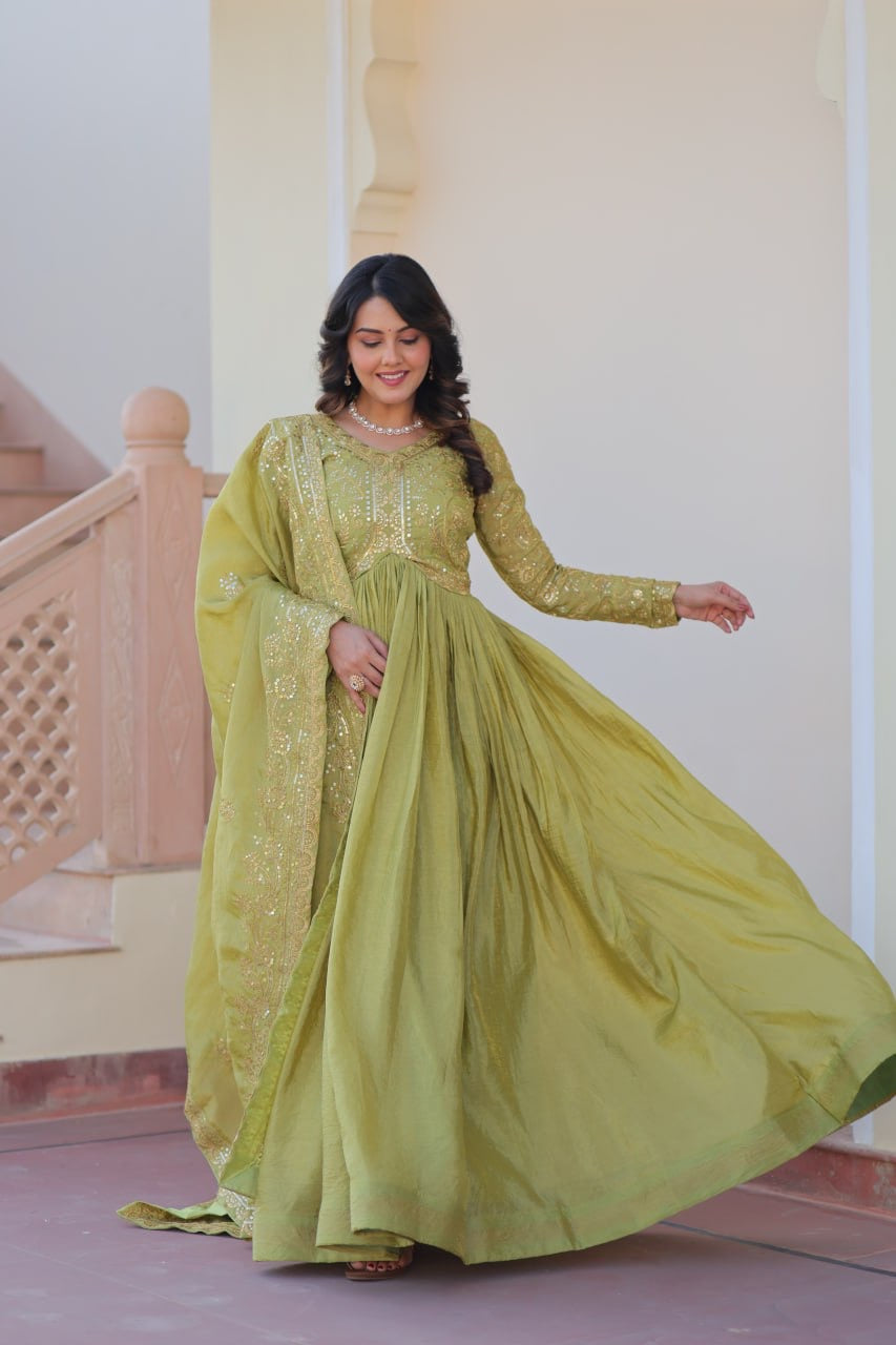 Rajmahal Gold-Crush Fabric with Sequins & Multi Embroidered work| LUXURYEMPORIUM | PARTYWEAR LONG DRESS