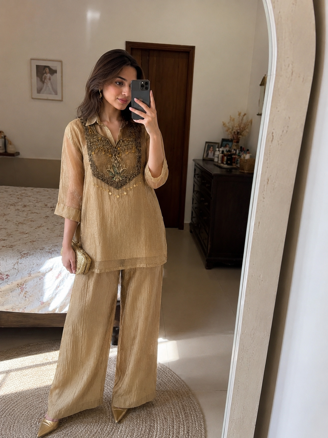 Golden Muse Embellished Shimmer Tissue Co-Ord Set| LUXURY EMPORIUM